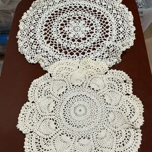 VTG Handmade Crochet Round White Doilies Various Patterns Lot Of 2 Cottagecore